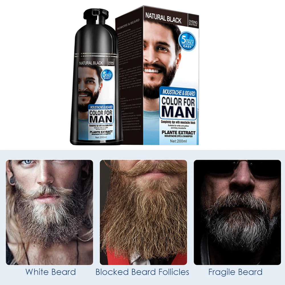 Long-Lasting Beard Dye Shampoo – 200ml, Grey & White Hair Coverage